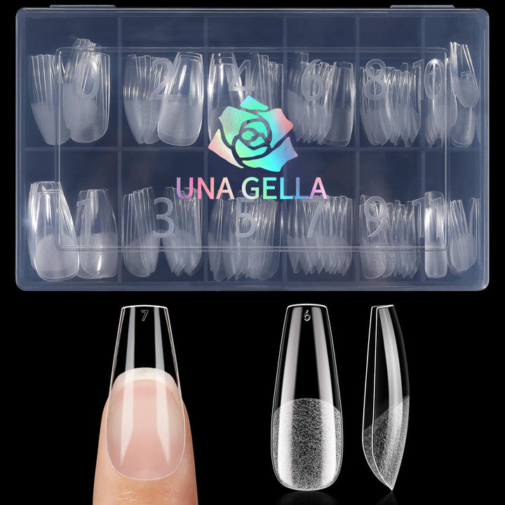 UNA GELLA front packaging showing 120 clear coffin tips and box benefit: organized kit