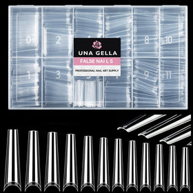 UNA GELLA front packaging showing clear XXL coffin tips and kit contents benefit precise selection