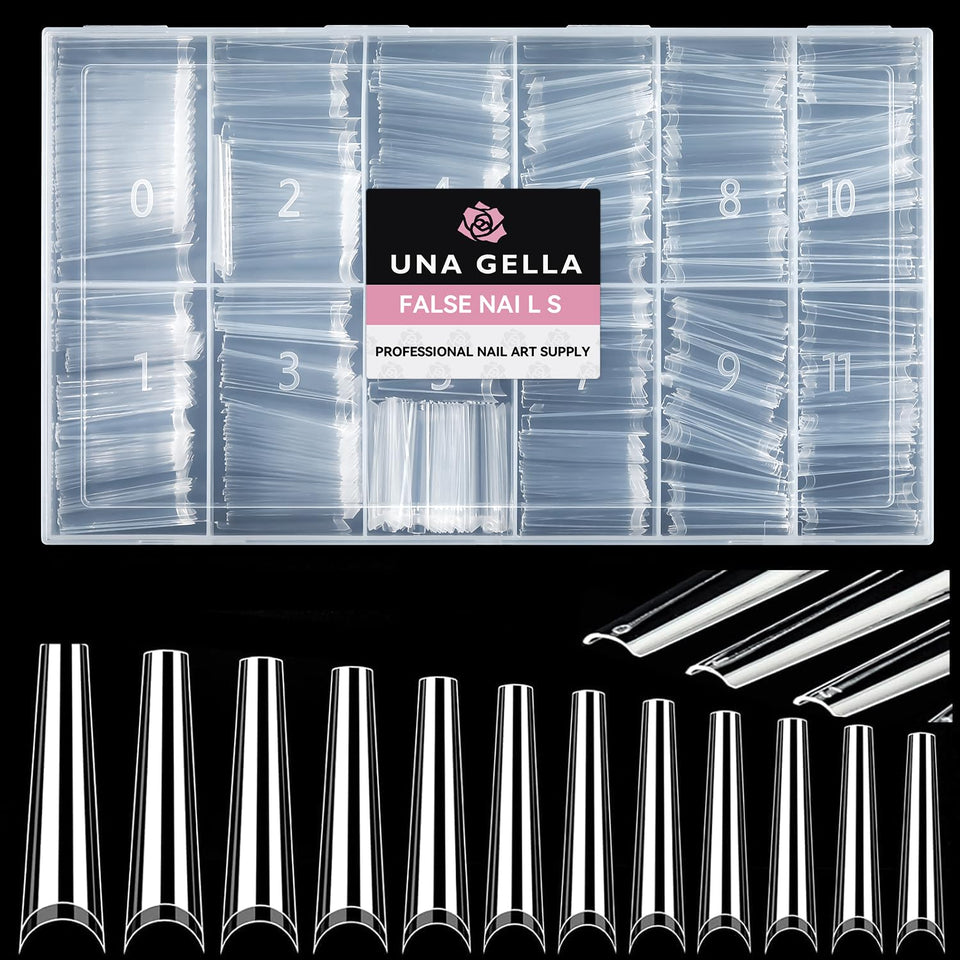 UNA GELLA front packaging showing clear XXL coffin tips and kit contents benefit precise selection