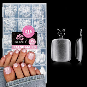UNA GELLA front packaging showing 216-piece toe tip kit and clear benefits