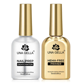 UNA GELLA front packaging in glass bottles showing leak-proof design and clarity