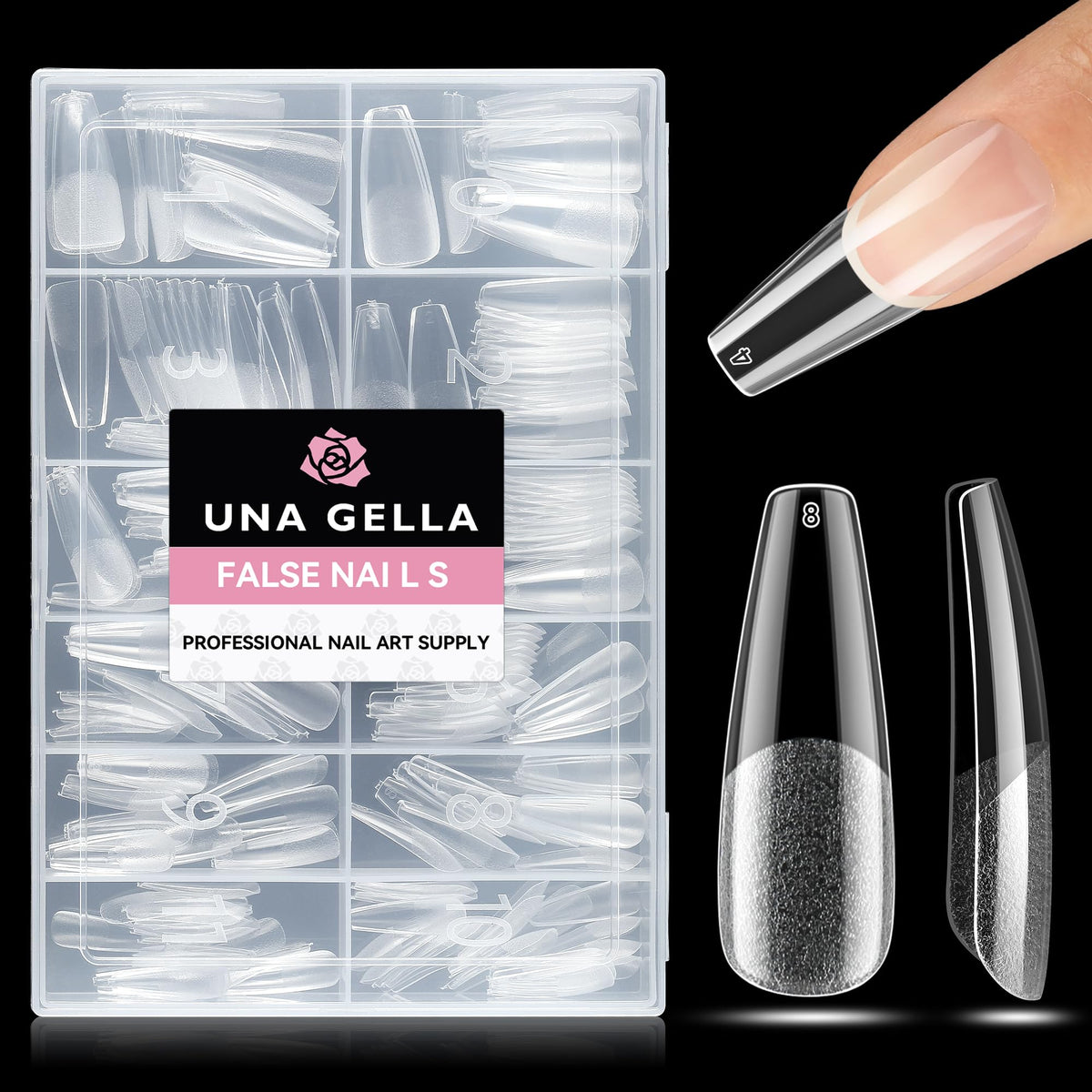 UNA GELLA front packaging showing 216-piece long coffin set, simplifies DIY application