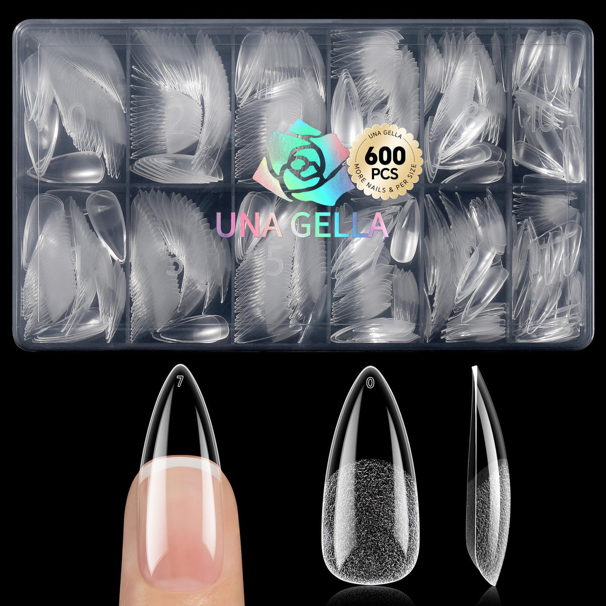 UNA GELLA front packaging showing 600pcs medium stiletto tips for versatile nail art