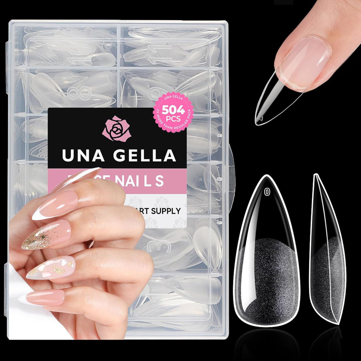 UNA GELLA front packaging showing full 504-piece kit and benefits