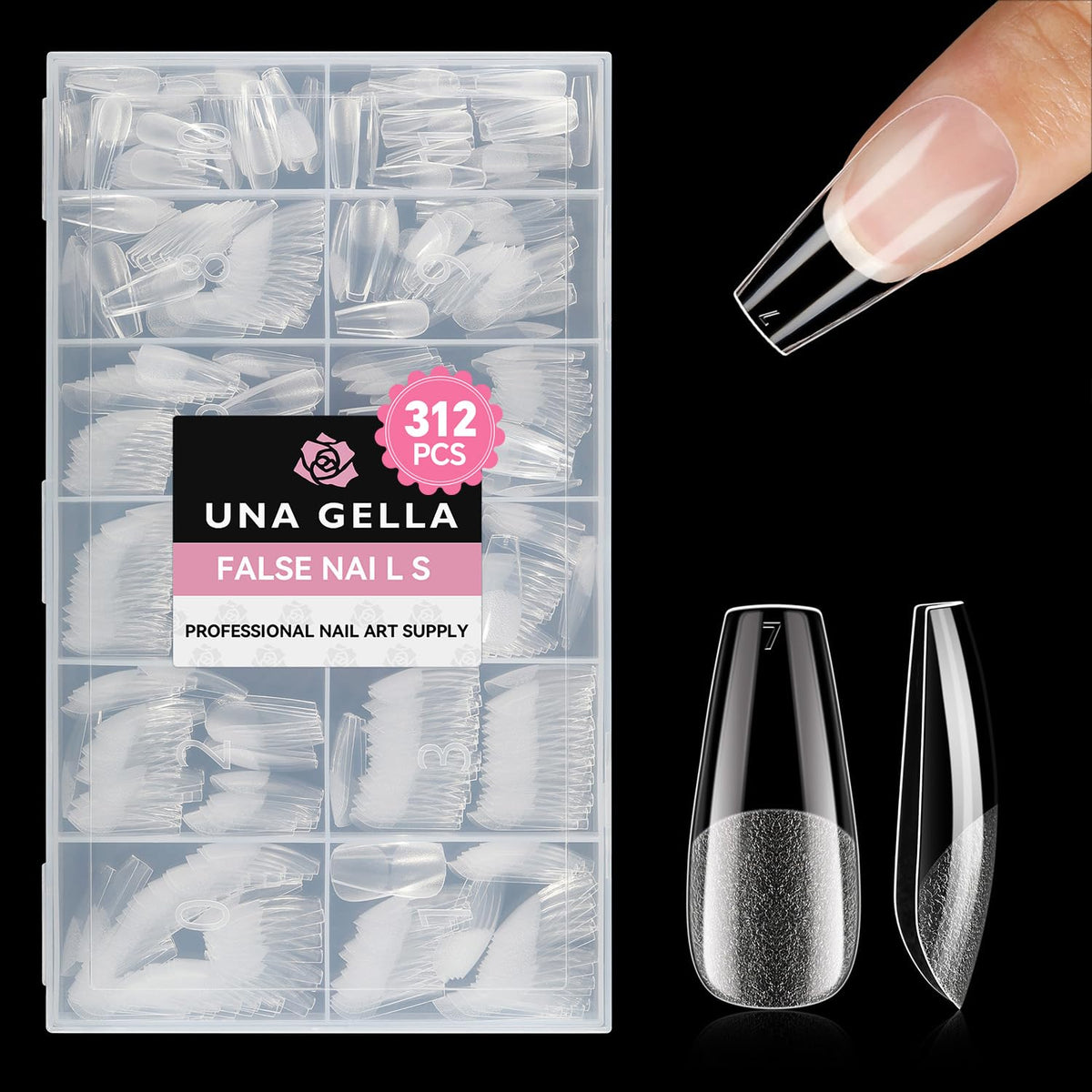 UNA GELLA front packaging showing 312-piece coffin nail tips and set benefit