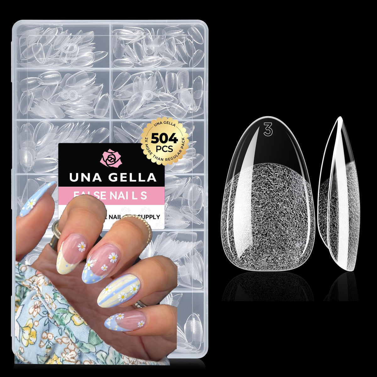 UNA GELLA front packaging showing 504 short almond gelly tips for easy bulk use