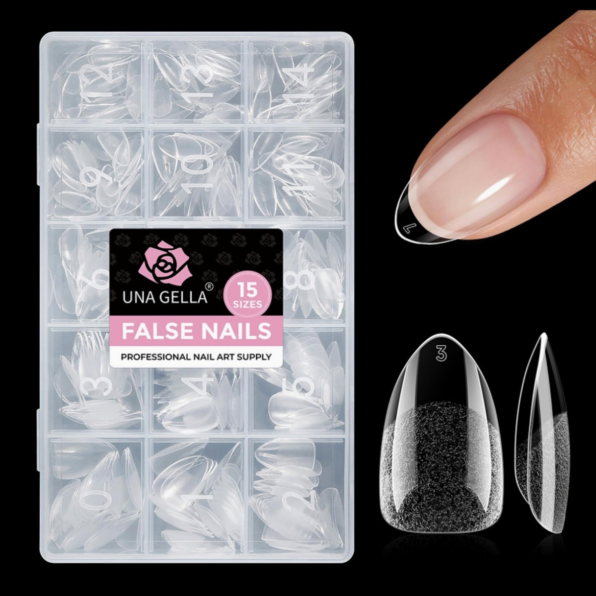 UNA GELLA front packaging showing 300pcs short almond gel tips, quick salon results