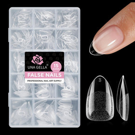 UNA GELLA front packaging showing 300pcs short almond gel tips, quick salon results