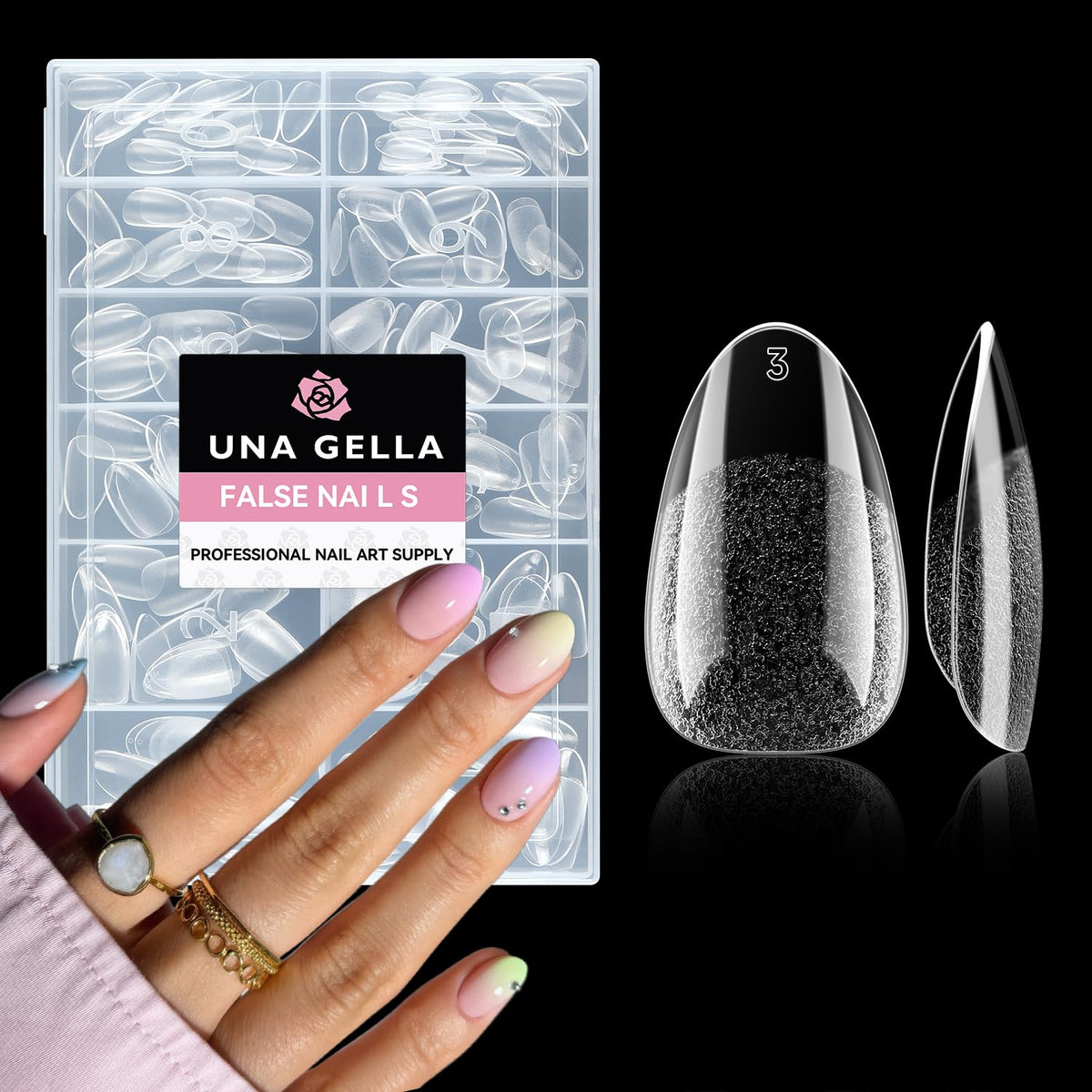 UNA GELLA front kit image showing 216pcs and almond shape benefit