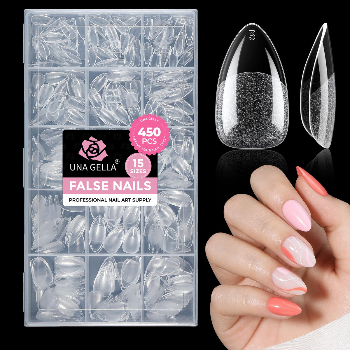 UNA GELLA front packaging showing full 450-piece almond tips set and benefits