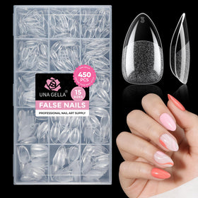 UNA GELLA front packaging showing full 450-piece almond tips set and benefits