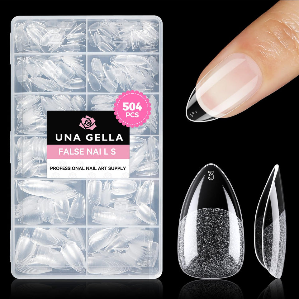 UNA GELLA front packaging showing 504-piece short almond tips and kit benefit
