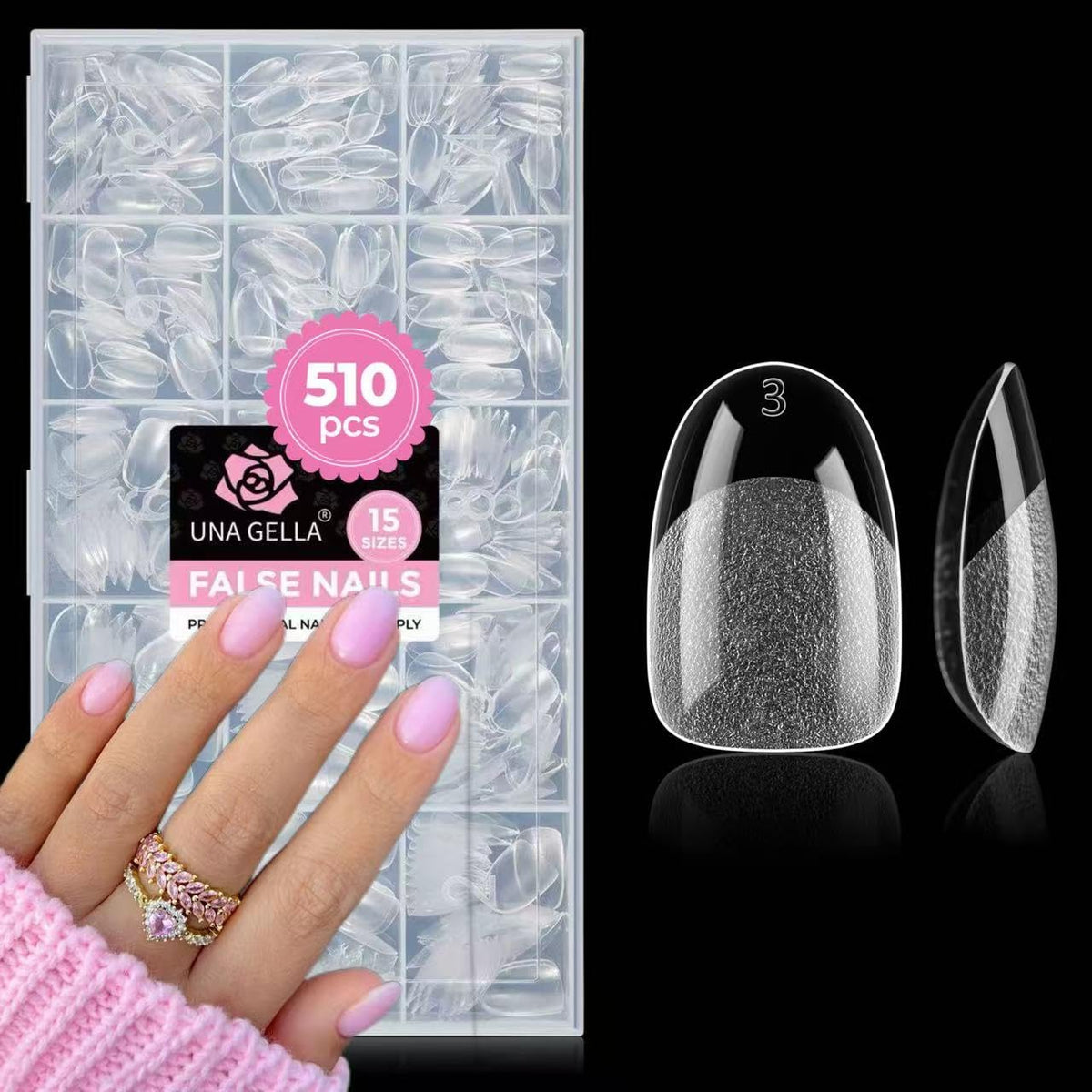 UNA GELLA front packaging showing 510 short oval nail tips for fast selection