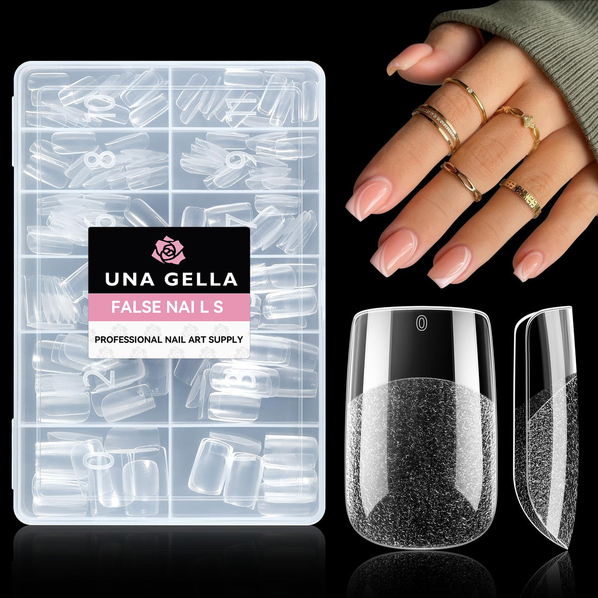 UNA GELLA front packaging showing 216 short square gel tips and benefits
