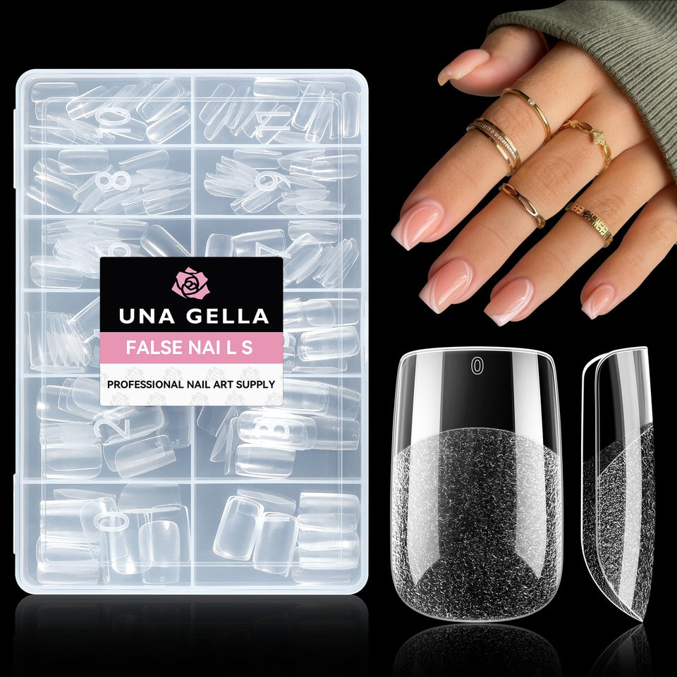 UNA GELLA front packaging showing 216 short square gel tips and benefits