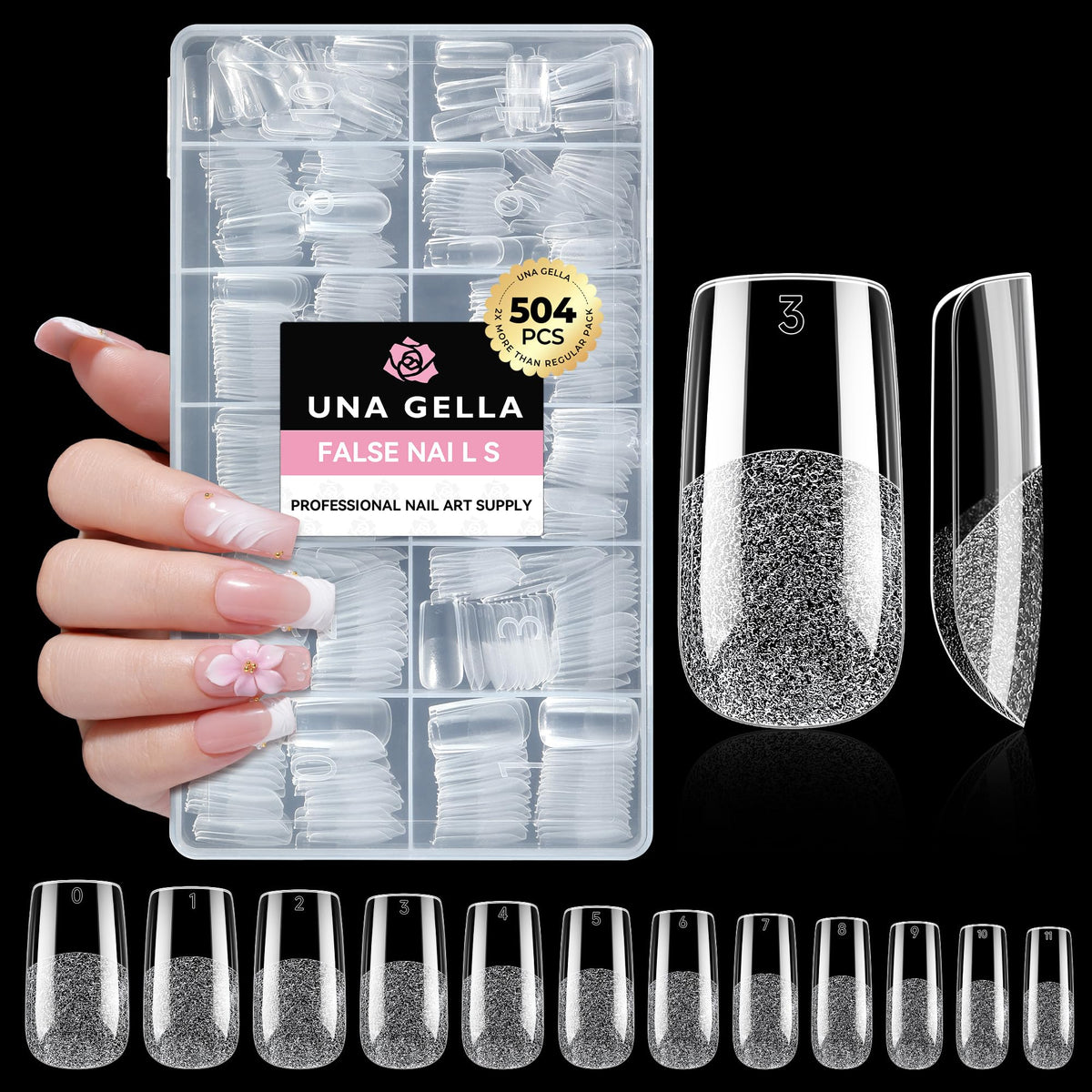 UNA GELLA front packaging showing 504 clear square tips and kit benefit