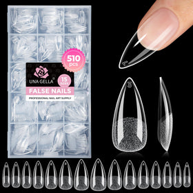 UNA GELLA front packaging showing 510-piece stiletto gel tips and sizes - clear convenience
