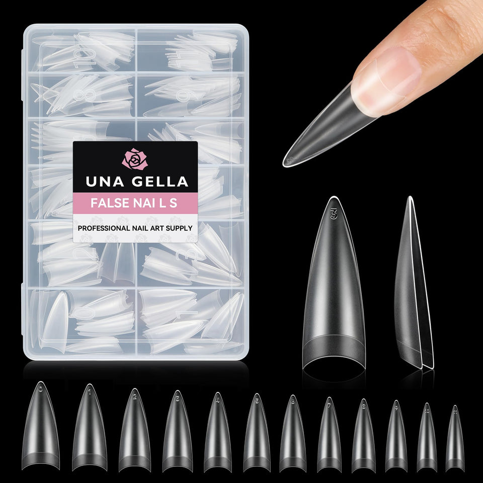 UNA GELLA front packaging showing 216 clear stiletto tips and benefits
