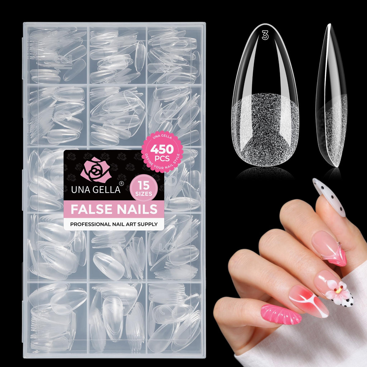 UNA GELLA front packaging showing 450pcs and 15 sizes benefit of full set