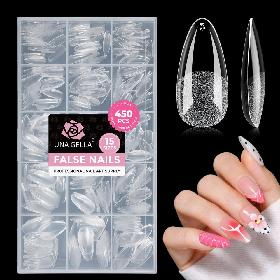 UNA GELLA front packaging showing 450pcs and 15 sizes benefit of full set