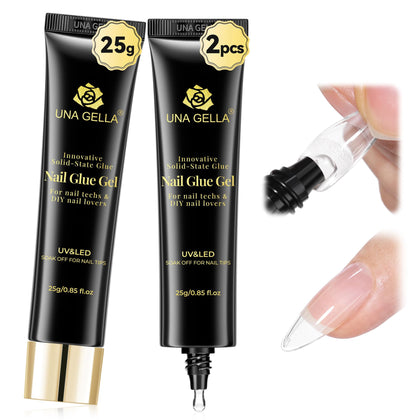 UNA GELLA front packaging showing two 25g solid gel tubes, neat storage benefit