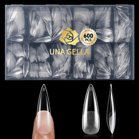 UNA GELLA front packaging showing 600 clear stiletto gel tips and sizes, easy selection