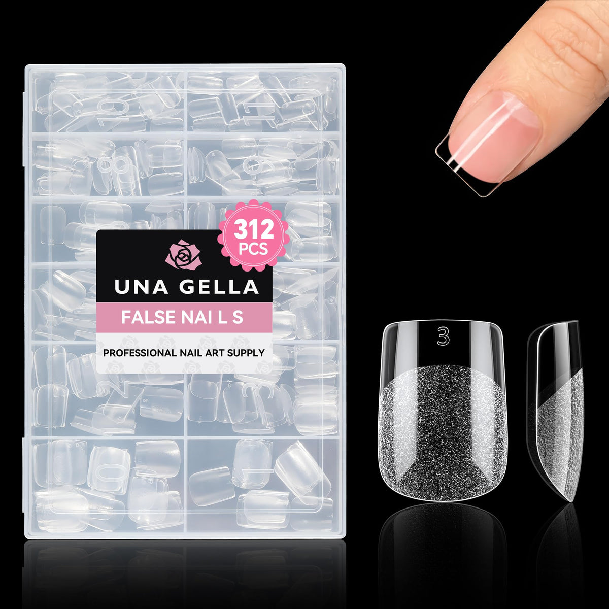 UNA GELLA front packaging showing 312-piece set and 12 sizes for convenience