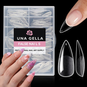 UNA GELLA front packaging showing 216-piece stiletto set and labeled tray benefits