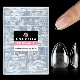 UNA GELLA front packaging showing 216-piece clear almond tips and organized box benefit