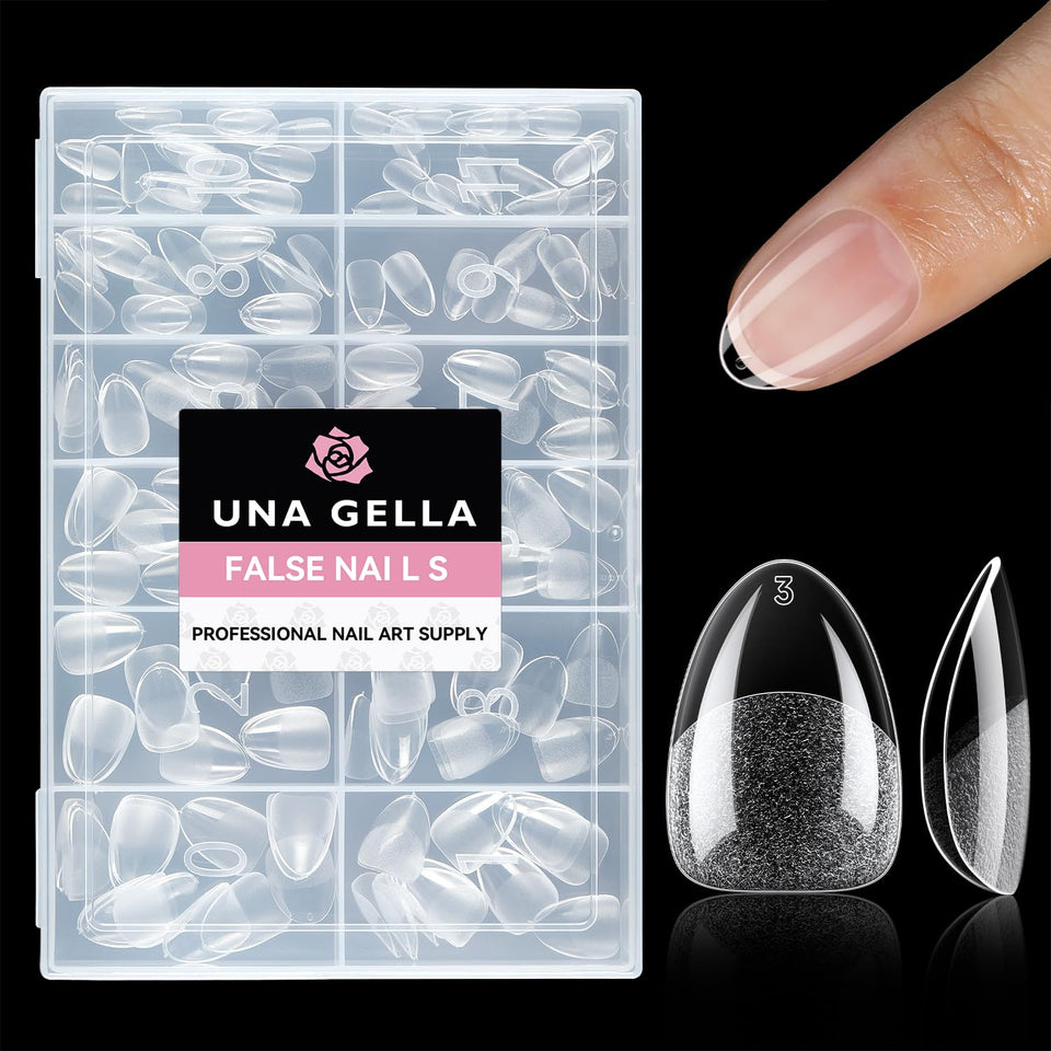 UNA GELLA front packaging showing 216-piece clear almond tips and organized box benefit
