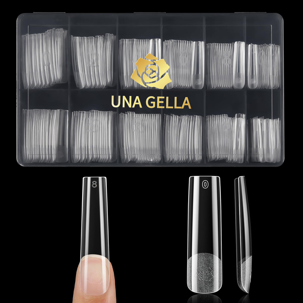 UNA GELLA front packaging showing 240-piece press-on kit and benefits