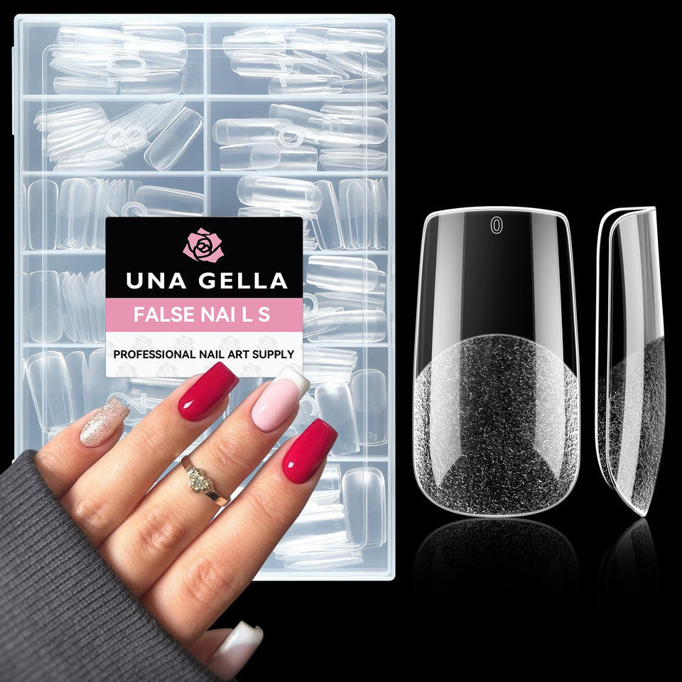UNA GELLA front packaging showing 216 clear press-on tips and quantity benefit