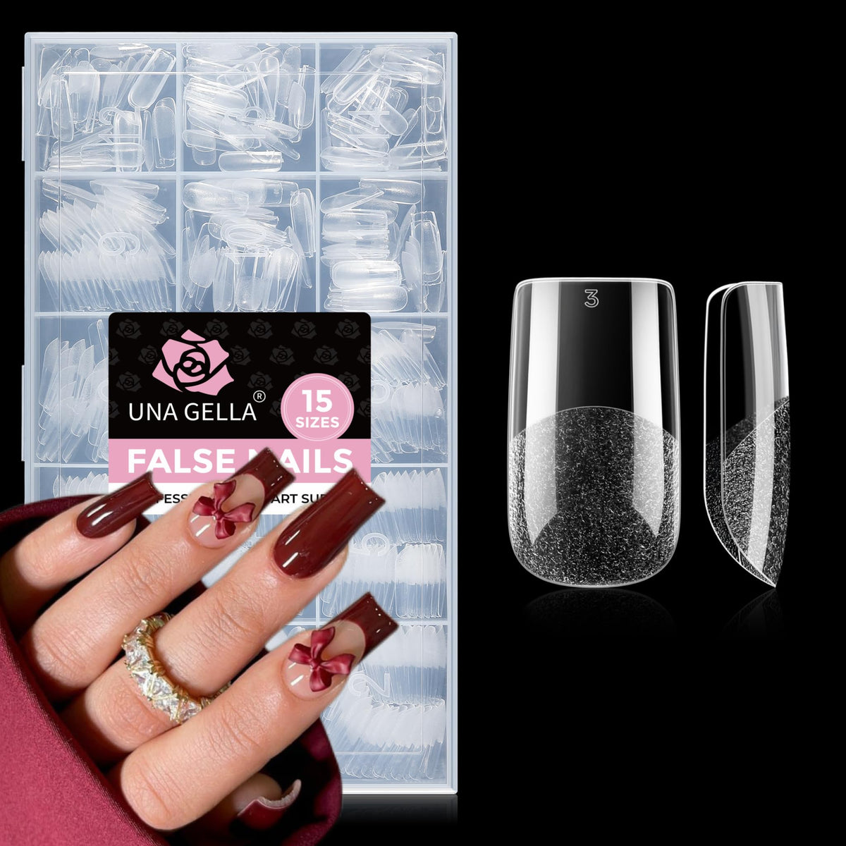 UNA GELLA front packaging showing 510 pieces and 15 sizes for convenience