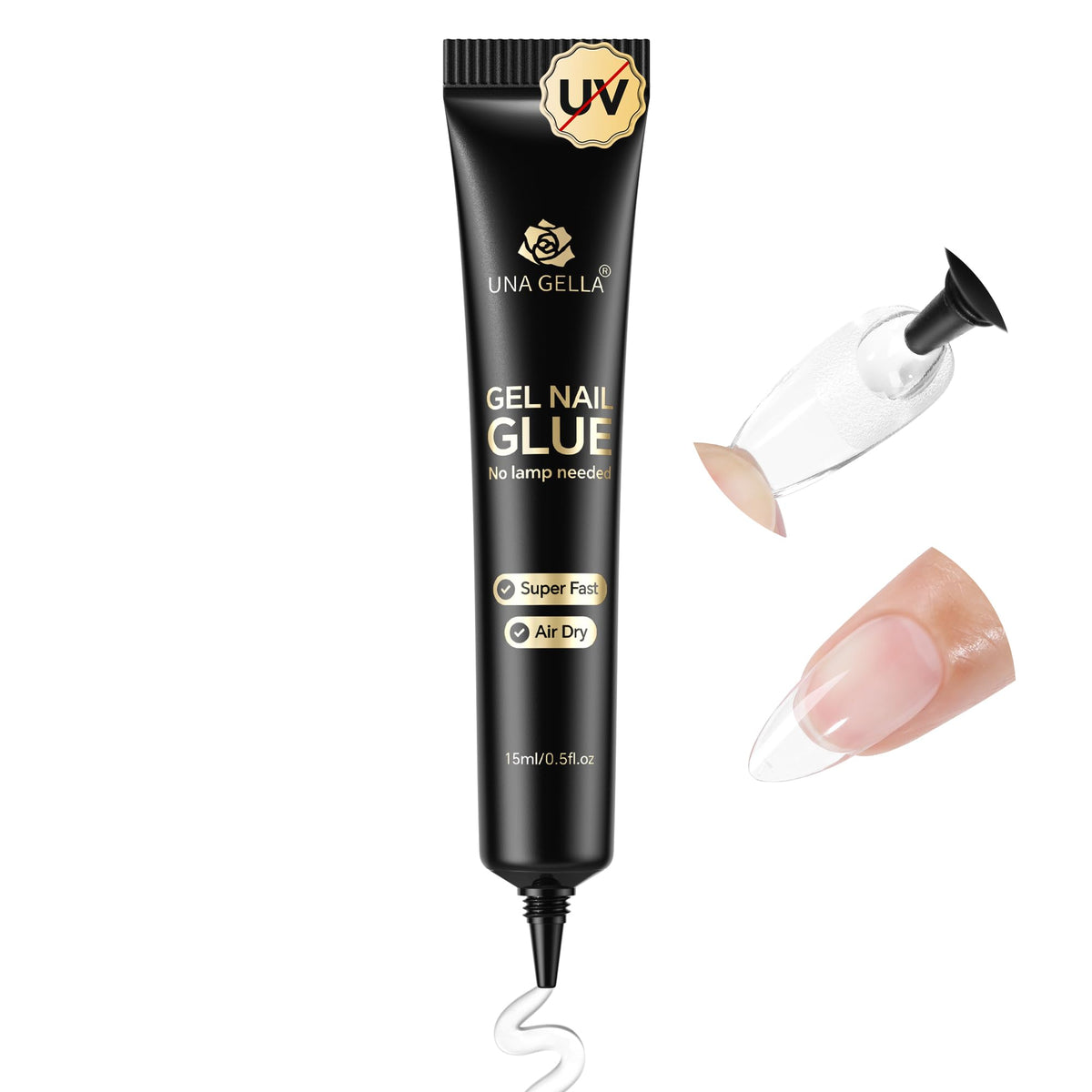 UNA GELLA front packaging clear bottle showing label and 15ml capacity benefit: easy identification