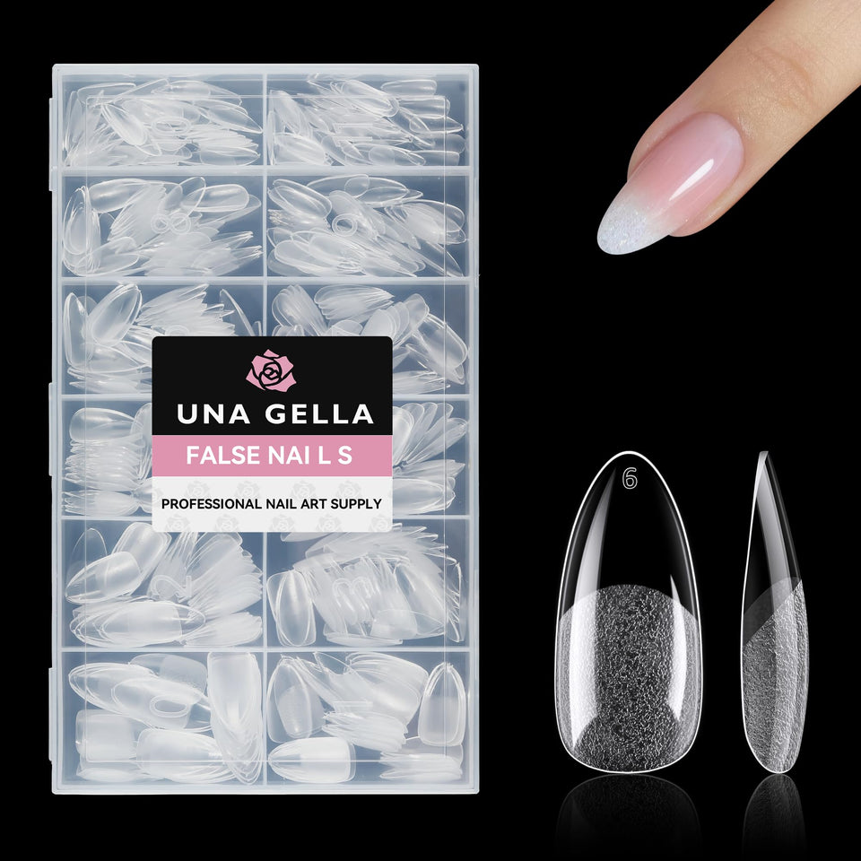 UNA GELLA front packaging showing 504-piece almond nail tips, large supply for DIY and salon use