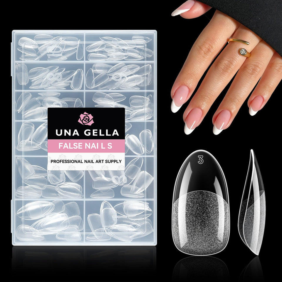 UNA GELLA front packaging showing 216 pre-shaped tips and benefits