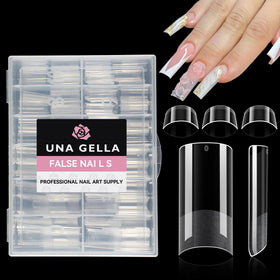 UNA GELLA front packaging showing 216 clear square nail tips and benefits