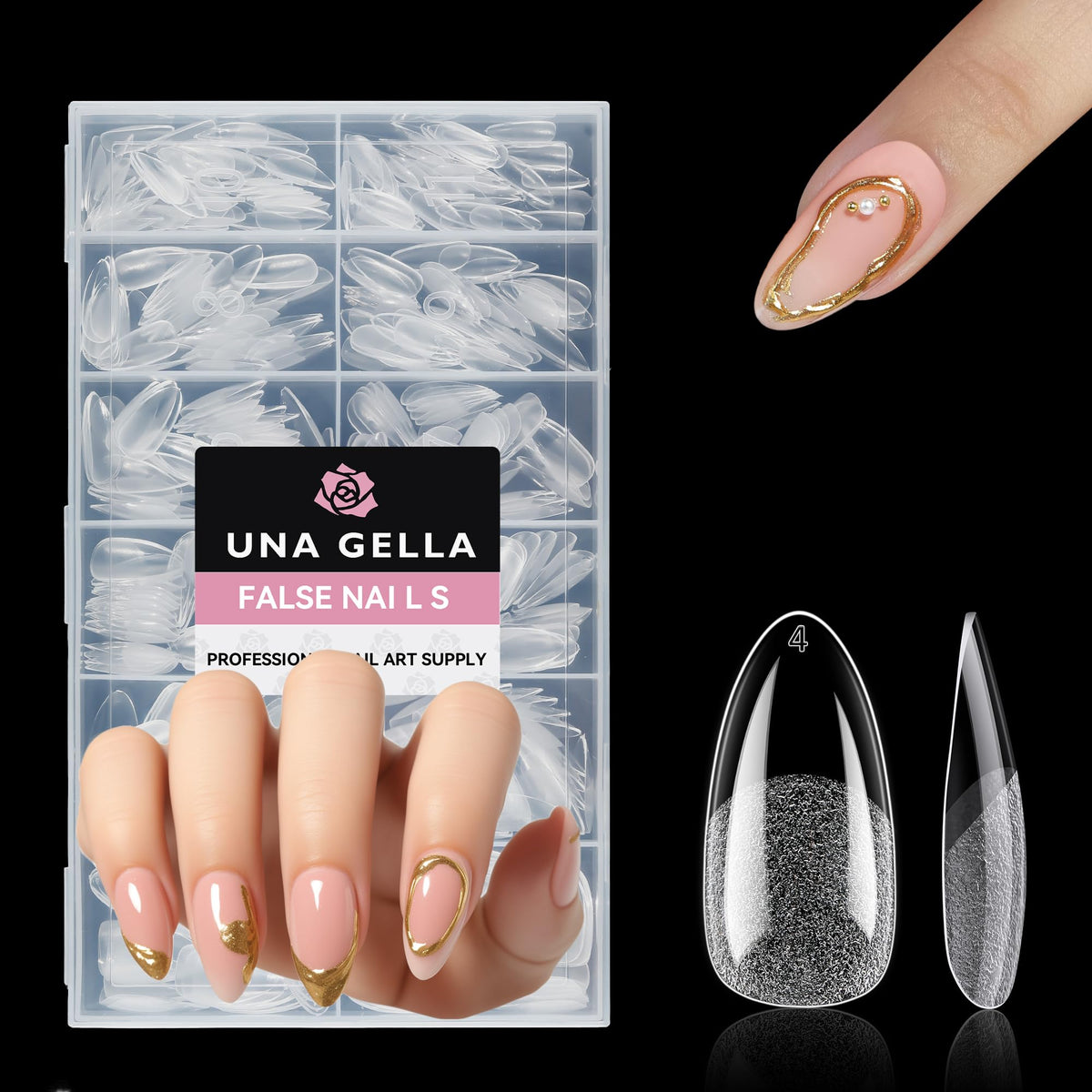 UNA GELLA front packaging showing 312-piece almond nail tips, saves time