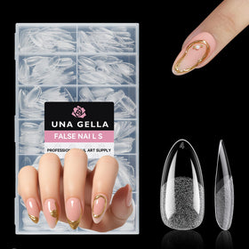 UNA GELLA front packaging showing 312-piece almond nail tips, saves time