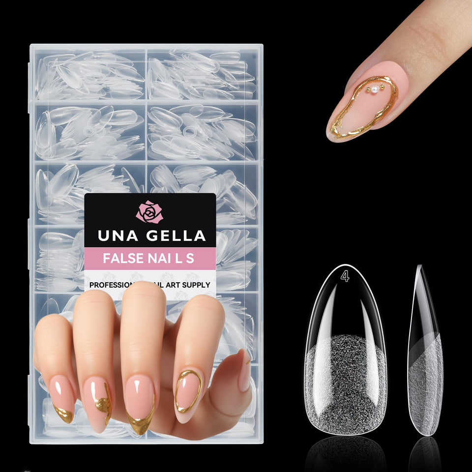 UNA GELLA front packaging showing 312-piece almond nail tips, saves time