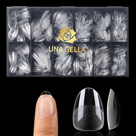 UNA GELLA front packaging showing 504-piece almond nail tip set and benefits