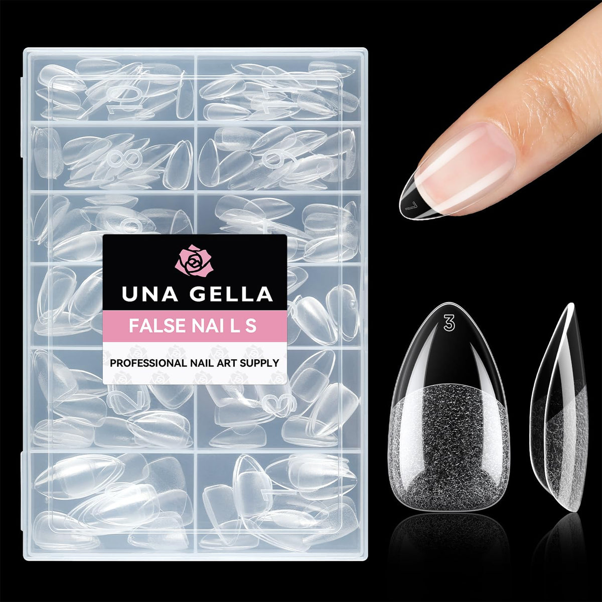 UNA GELLA front packaging showing full 216-piece kit and sizes, convenient storage benefit