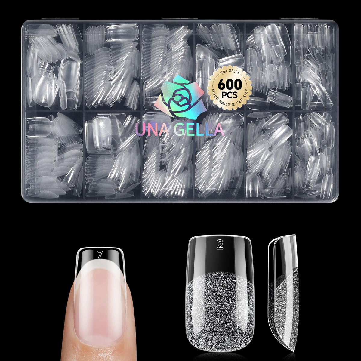 UNA GELLA front packaging showing 600-piece short square tips and content