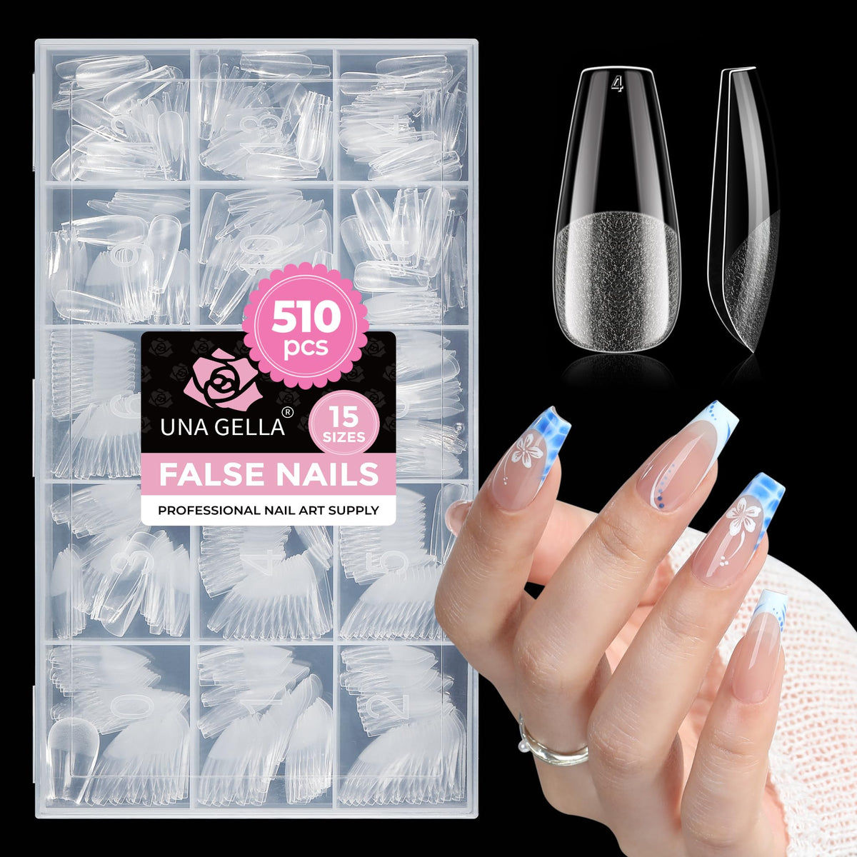UNA GELLA front packaging showing 510pcs kit and 15 sizes for fast selection