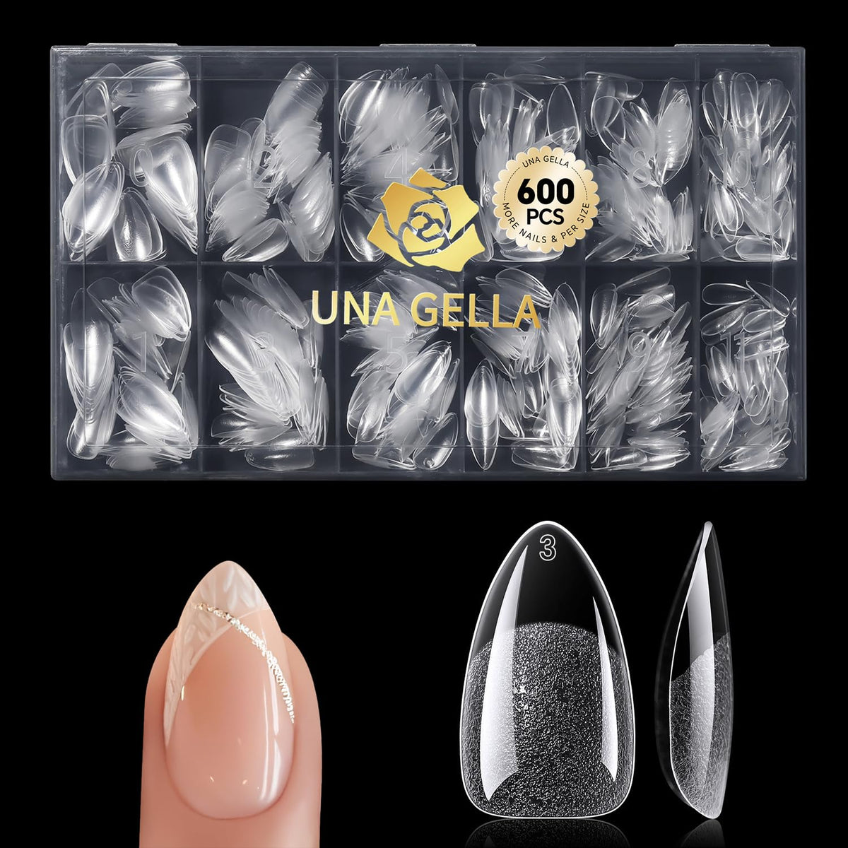 UNA GELLA front packaging showing 600-piece kit and clear tips benefit quick selection