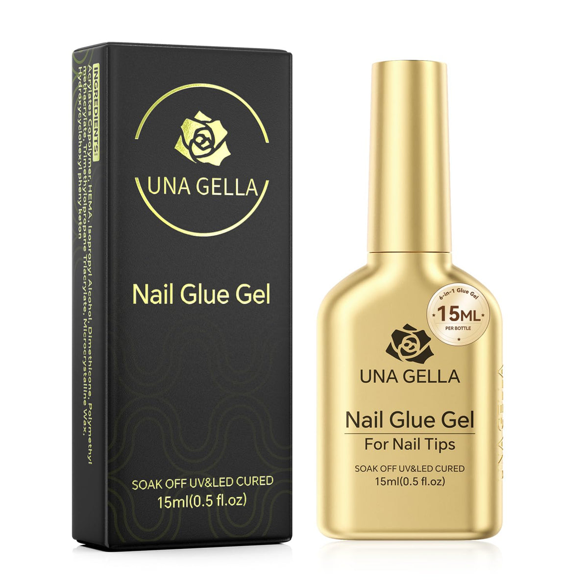 UNA GELLA front packaging showing clear 15ml bottle and brush, highlighting professional convenience