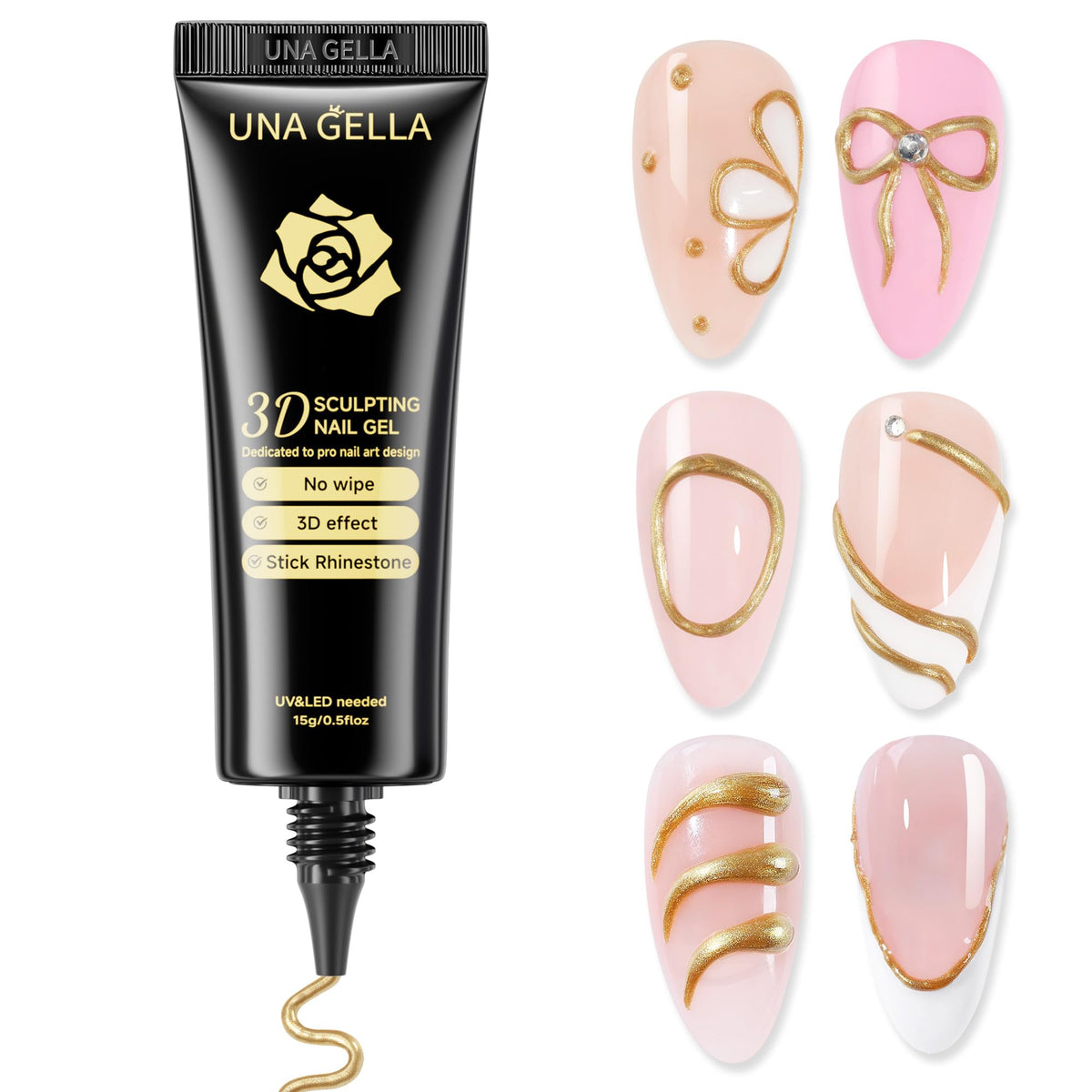UNA GELLA front view tube showing bronze gold gel and clear labeling for easy identification
