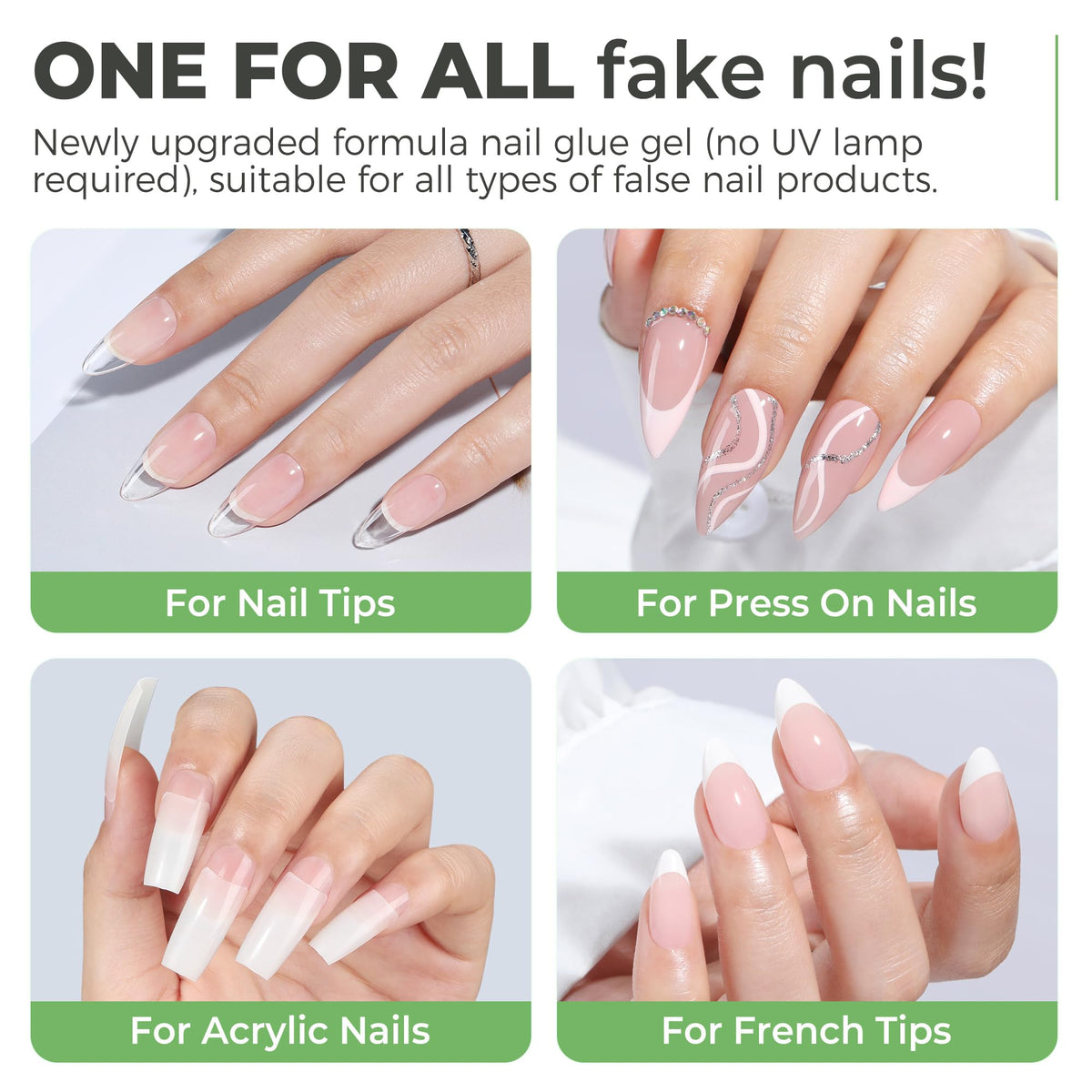 UNA GELLA glue drop on press-on nail showing quick 10s set and neat placement