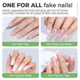 UNA GELLA glue drop on press-on nail showing quick 10s set and neat placement