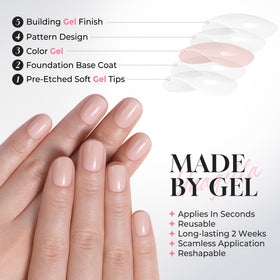 UNA GELLA nails in hand for scale showing short length and everyday wearability